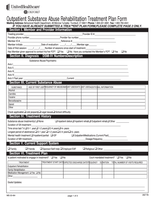 Outpatient Substance Abuse Rehabilitation Treatment Plan Form Printable pdf