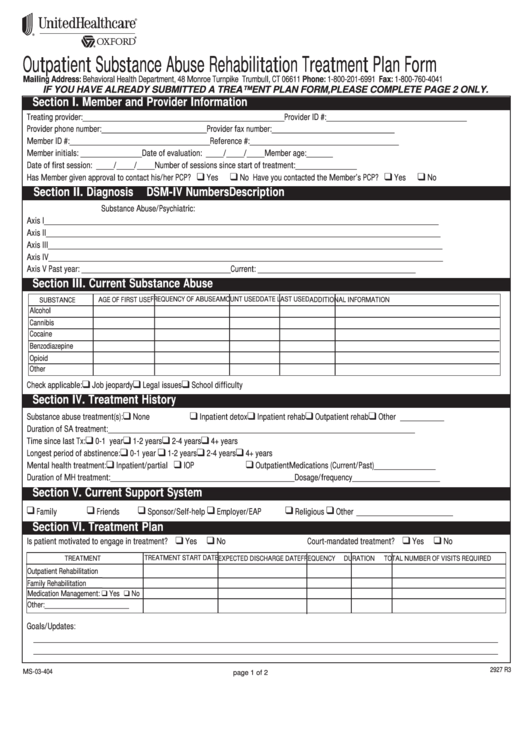 Outpatient Substance Abuse Rehabilitation Treatment Plan Form printable