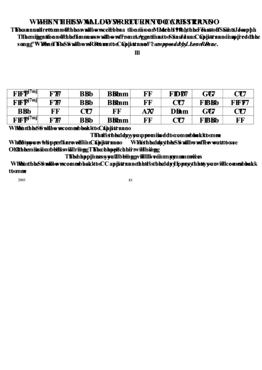 Jazz Chord Chart - When The Swallows Return To Capistrano Printable pdf