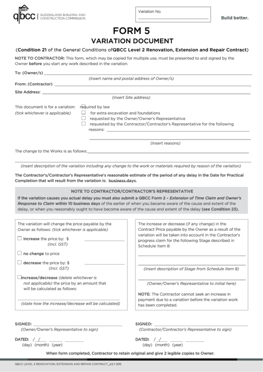 Fillable Form 5 - Condition 21 Of The General Conditions Of Qbcc New Home Construction Contract Printable pdf