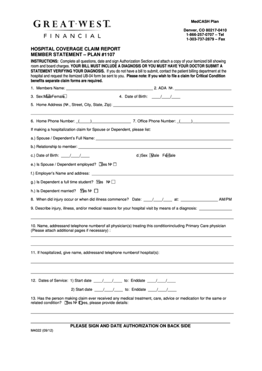 Hospital Coverage Claim Report Form Printable pdf