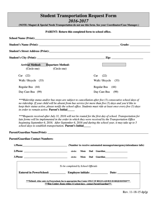 Fillable Student Transportation Request Form - 2016-2017 Printable pdf