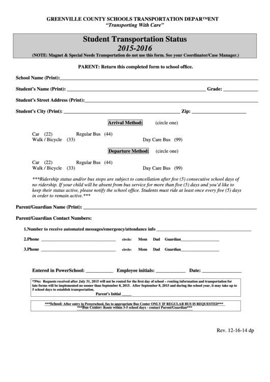 Student Transportation Status Form - 2015-2016 Printable pdf