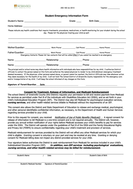 Student Emergency Information Form - The School District Of Greenville County Printable pdf