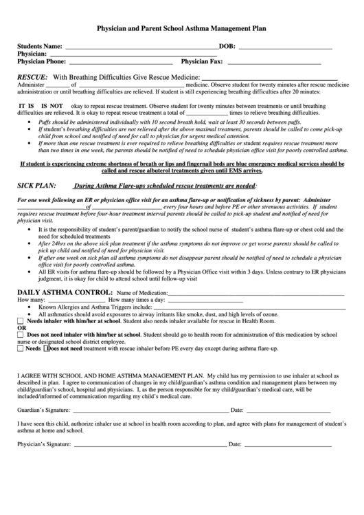 Physician And Parent School Asthma Management Plan Form Printable pdf