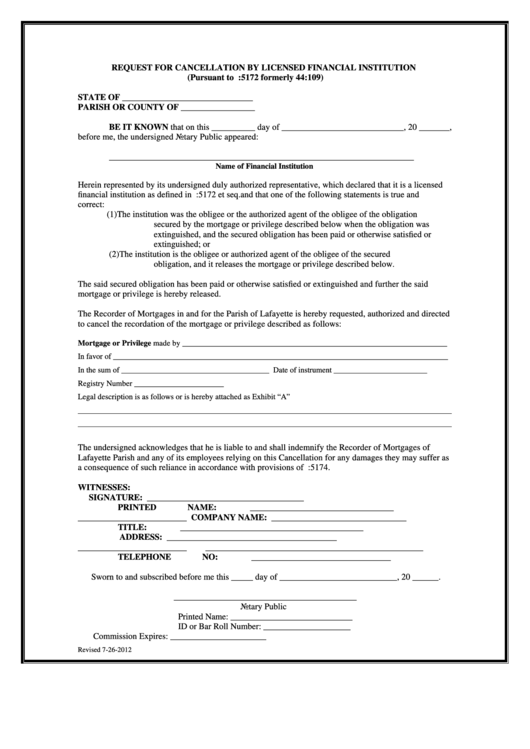 Request For Cancellation By Licensed Financial Institution Form Printable pdf