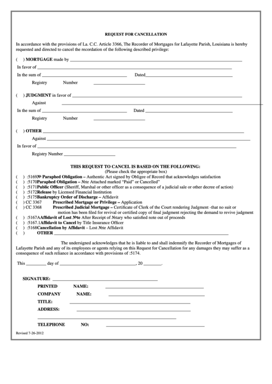 Request For Cancellation Form Printable pdf