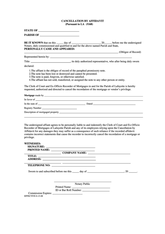 Cancellation By Affidavit Form Printable pdf