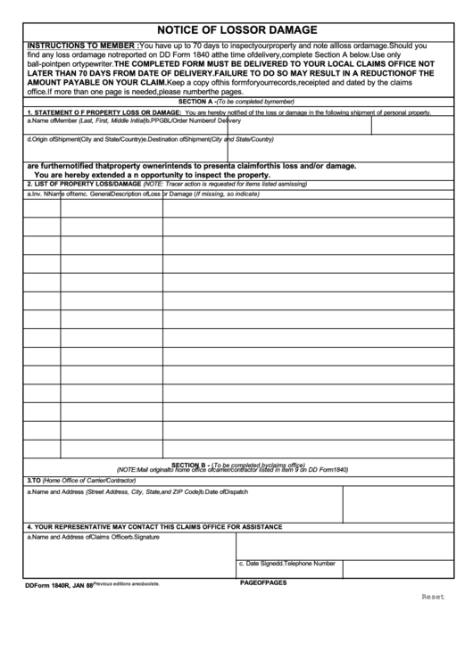 Fillable Dd Form 1840r - Notice Of Loss Or Damage Printable pdf