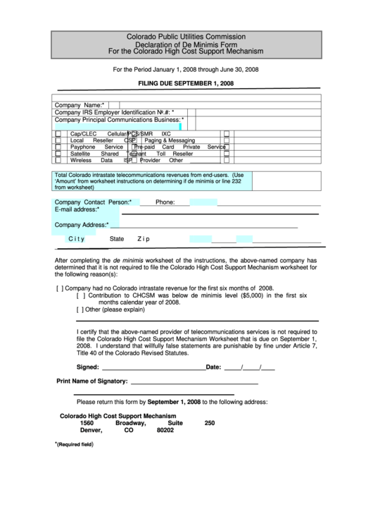 Colorado Hcsm Declaration Of De Minimis Form Printable pdf
