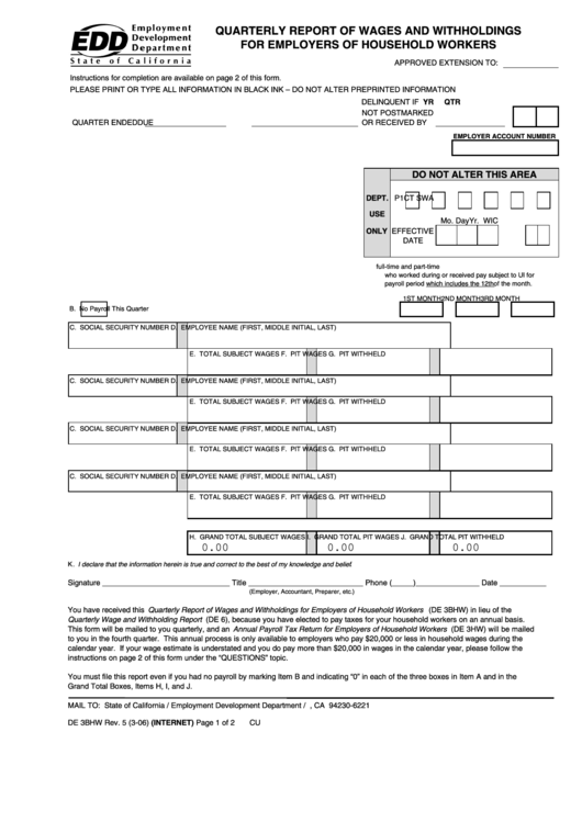 Fillable Form De 3bhw Quarterly Report Of Wages And Withholdings For Employers Of Household Workers Printable pdf