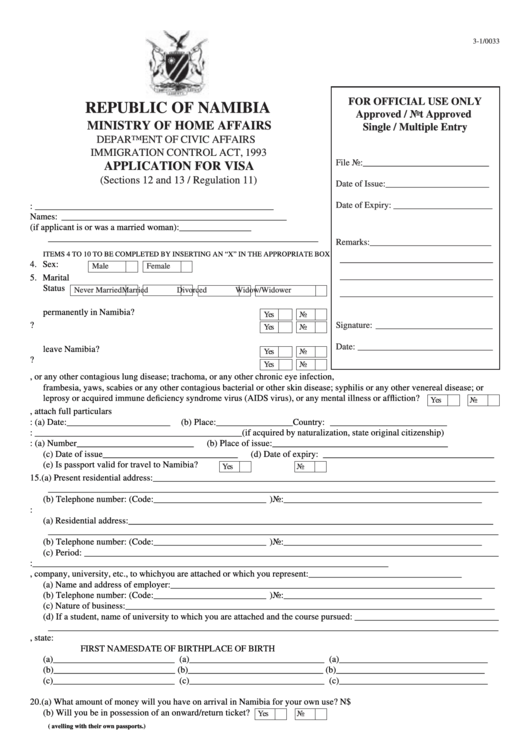 Fillable Form 3-1/0033 - Application For Visa - Republic Of Namibia Printable pdf