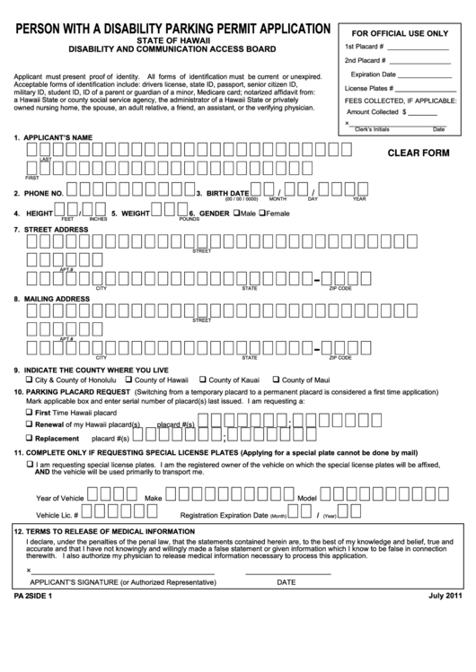 Fillable Form Pa 2 - Person With A Disability Parking Permit Application Printable pdf
