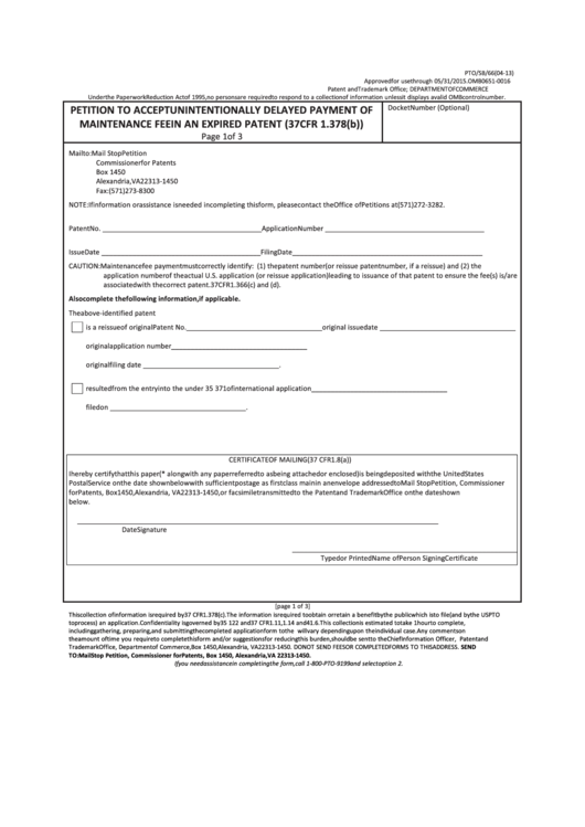 Form Pto/sb/66 - Petition To Accept Unintentionally Delayed Payment Of Maintenance Fee In An Expired Patent - 2013