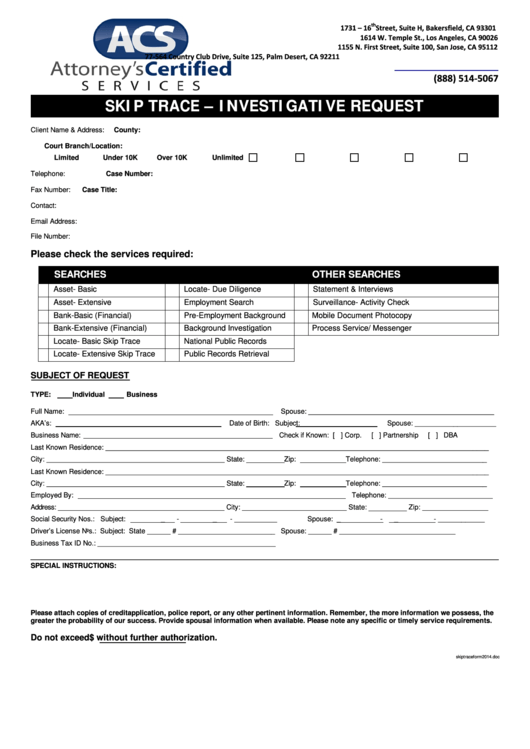 Fillable Skip Trace - Investigative Request Form Printable pdf
