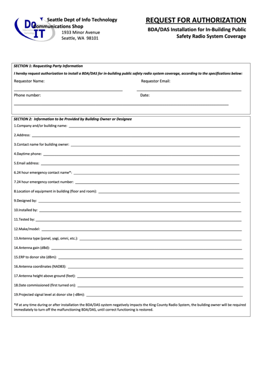 Fillable Request For Authorization Form - Bda/das Installation For In-Building Public Printable pdf