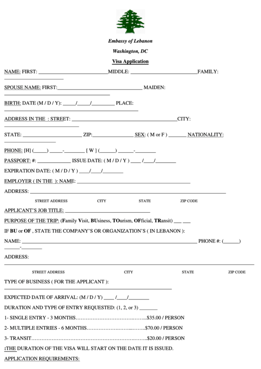 Fillable Lebanon Visa Application Form Printable pdf