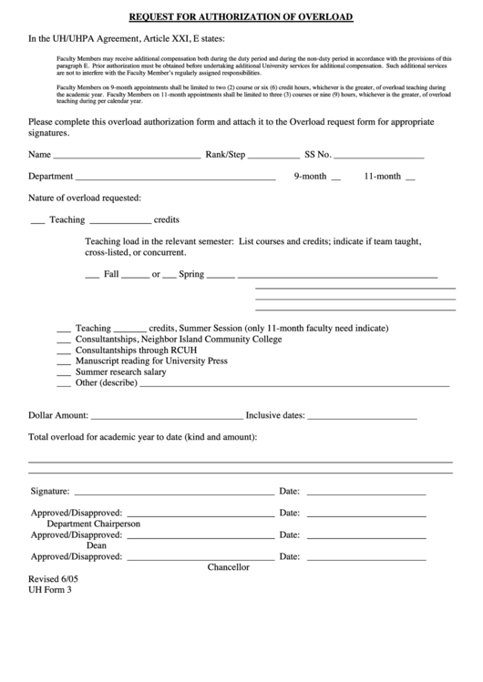 Fillable Request For Authorization Of Overload Form Printable pdf