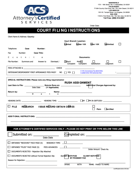 Court Filing Instructions Form Printable pdf