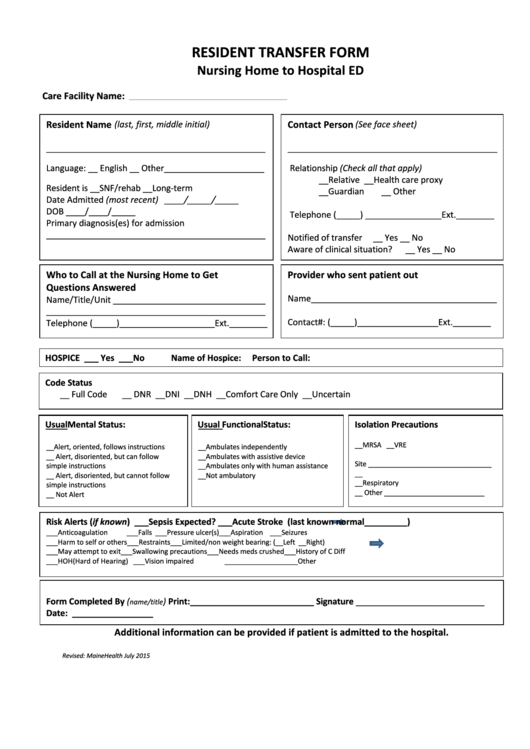 Resident Transfer Form Printable pdf