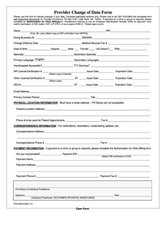 Fillable Form 110 - Provider Change Of Data Printable pdf