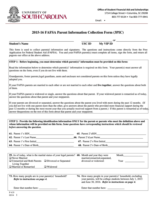 Fillable 2015-16 Fafsa Parent Information Collection Form (3pic) Printable pdf