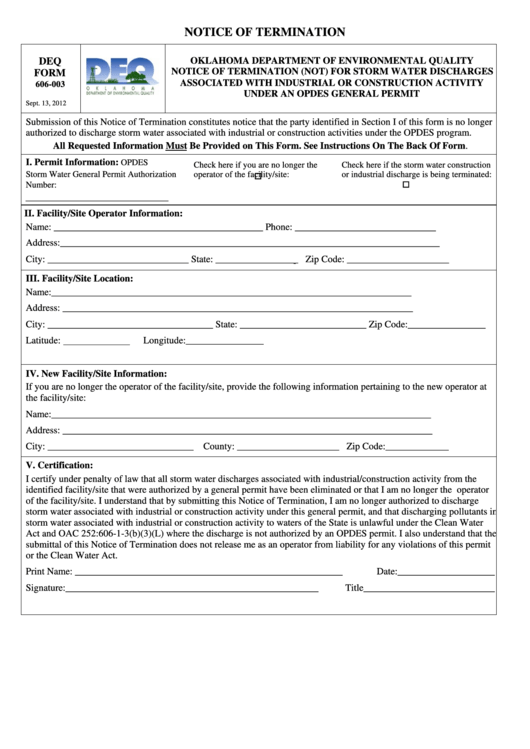 Form 606-003 - Notice Of Termination Printable pdf