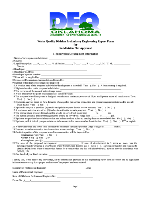 Water Quality Division Preliminary Engineering Report Form Printable pdf