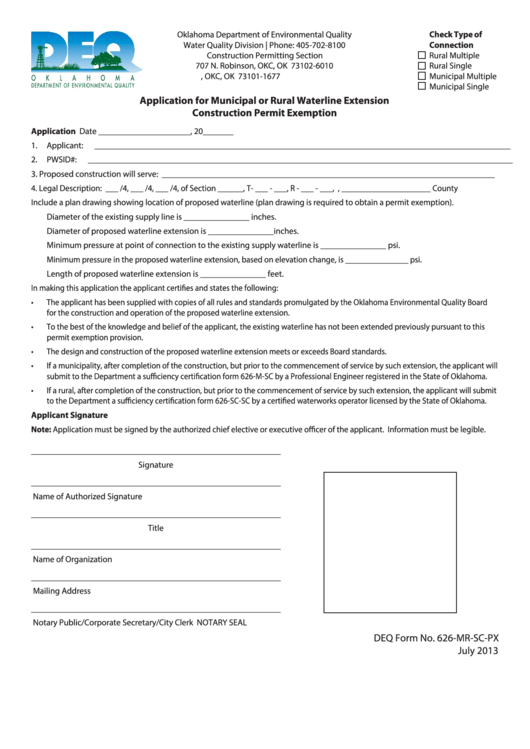 Fillable Form No. 626-Mr-Sc-Px - Application For Municipal Or Rural Waterline Extension Printable pdf