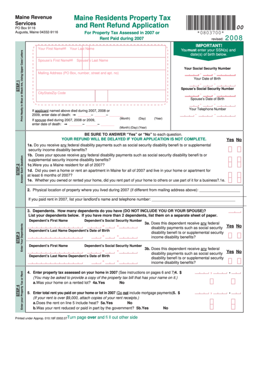 Maine Residents Property Tax And Rent Refund Application Form - 2008 Printable pdf