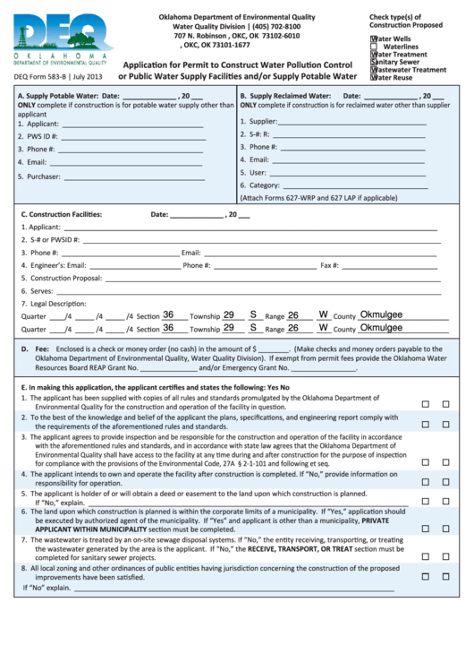 Fillable Form 583-B - Application For Permit To Construct Water Pollution Control Printable pdf