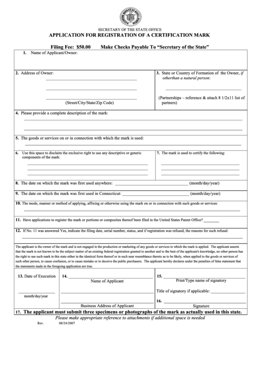 Application For Registration Of A Certification Mark - Connecticut Secretary Of The State Printable pdf