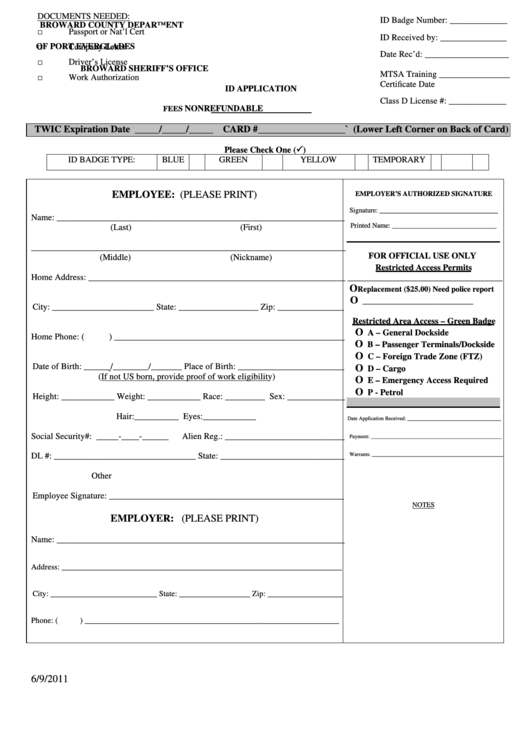 Fillable Id Application Form - Broward County Department Of Port Everglades Printable pdf