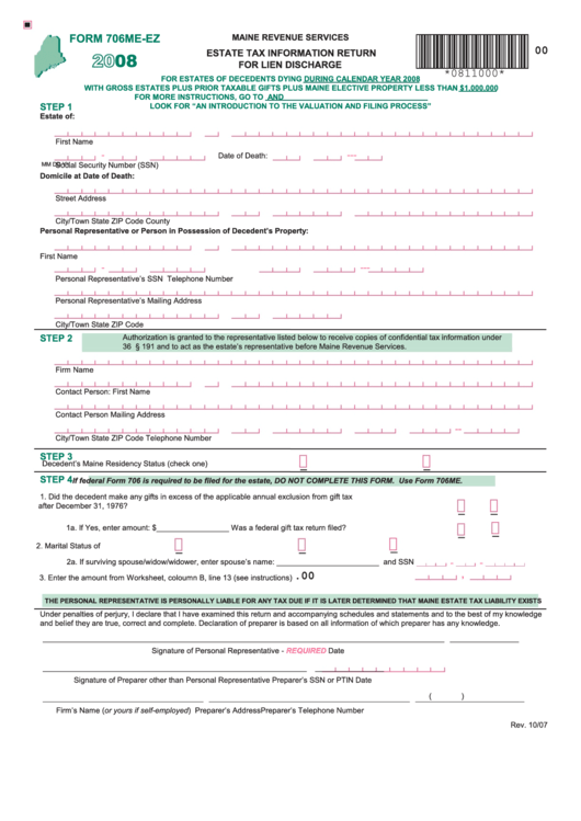 Form 706me-Ez - Estate Tax Information Return For Lien Discharge - 2008 Printable pdf