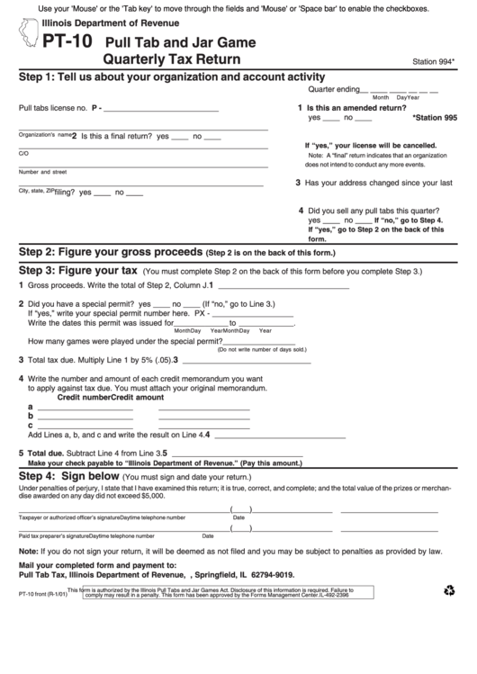 Fillable Form Pt-10 - Pull Tab And Jar Game Quarterly Tax Return - 2001 Printable pdf