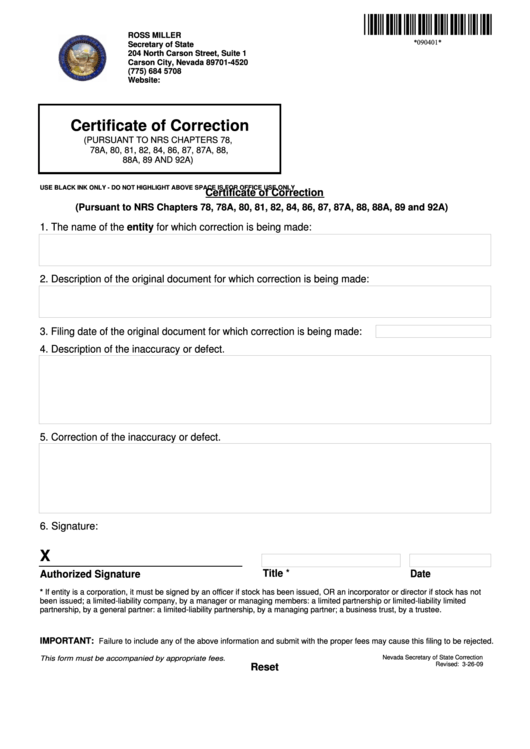 Fillable Certificate Of Correction - Nevada Secretary Of State Printable pdf