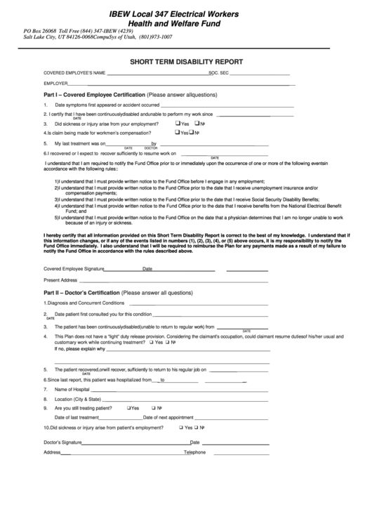 Short Term Disability Report Form Printable pdf