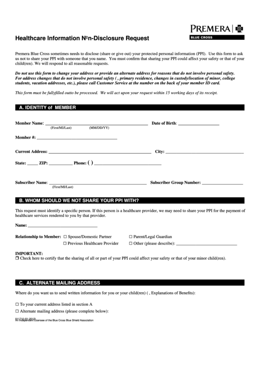 Healthcare Information Non-Disclosure Request Form Printable pdf
