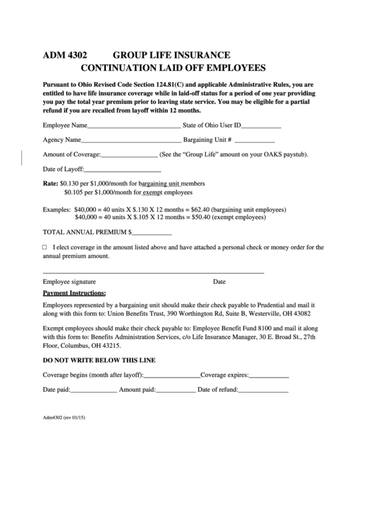 Form Adm 4302 - Group Life Insurance - Continuation Laid Off Employees Printable pdf
