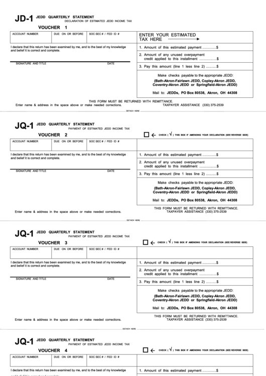 Form Jd-1 - Jedd Quarterly Statement Declaration Of Estimated Jedd Income Tax Printable pdf
