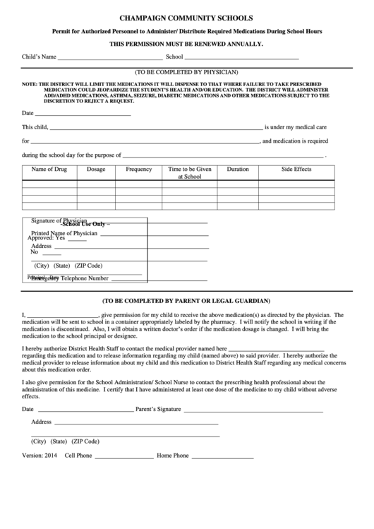 Permit To Administer/ Distribute Required Medications During School Hours Form Printable pdf