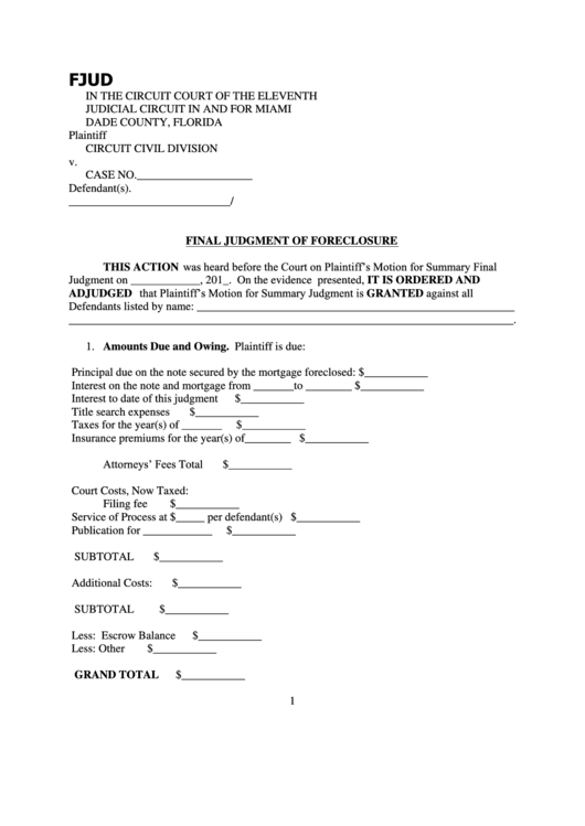 Final Judgment Of Foreclosure Template Printable pdf