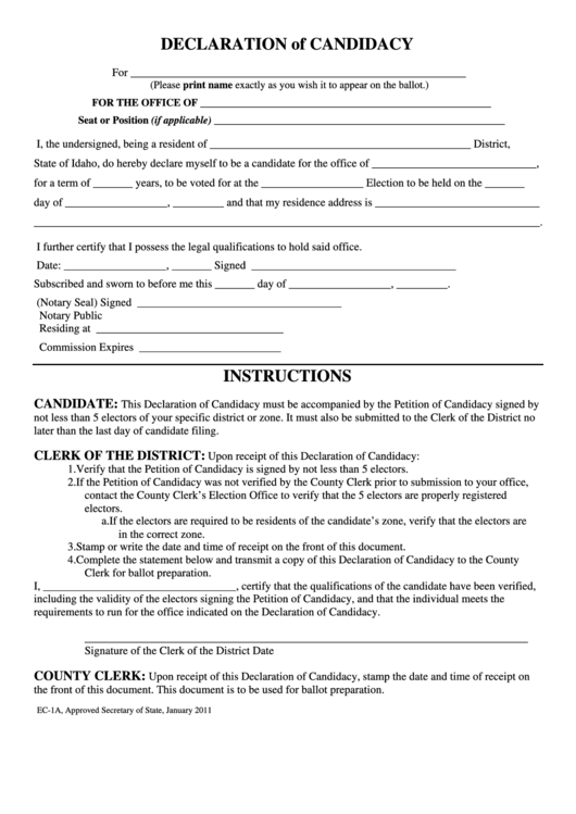 Form Ec-1a - Declaration Of Candidacy Printable pdf