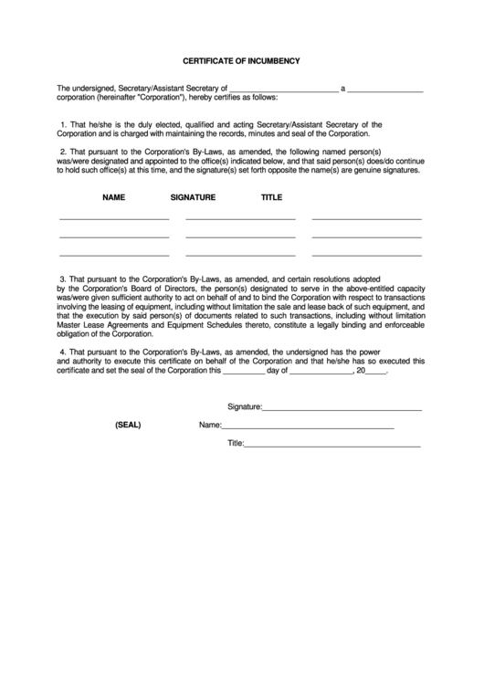 Certificate Of Incumbency Form Printable pdf