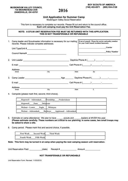 Bsa Unit Application For Summer Camp Form