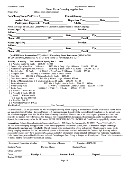 Short Term Camping Application Form Printable pdf