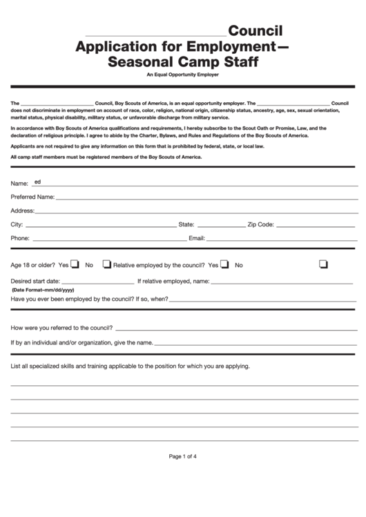 Fillable Application For Employment - Seasonal Camp Staff Form Printable pdf