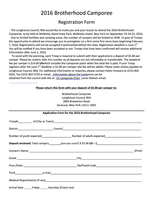 Fillable Brotherhood Camporee Registration Form Printable pdf