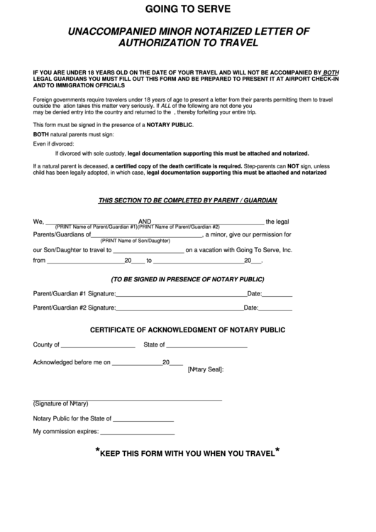 Unaccompanied Minor Notarized Letter Of Authorization To Travel Form Printable pdf