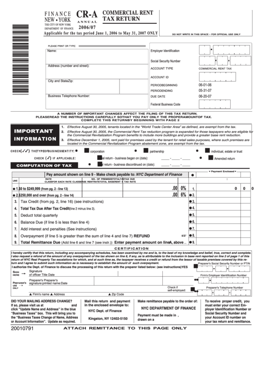 Form Cr-A - Commercial Rent Tax Return - 2006/07 Printable pdf